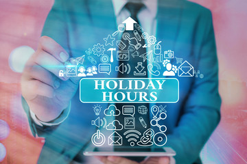 Handwriting text writing Holiday Hours. Conceptual photo Overtime work on for employees under...