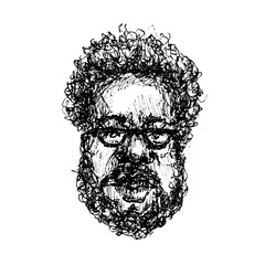 Sketch Portrait Of plump bearded black man in glasses Isolated On white