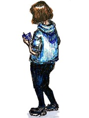 hand drawn young woman standing and holding phone isolated on white back view