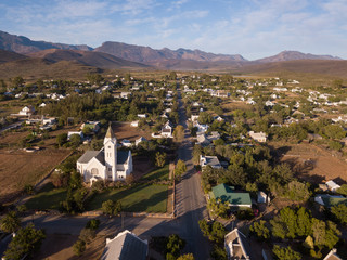 Fototapeta na wymiar Aerial over small town village, in South Africa, Mcgregor