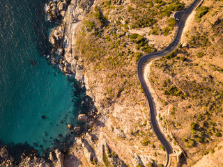 Aerial of winding coastal road
