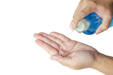 Hand with Alcohol gel using hand sanitizer to clean hands isolated on white background.