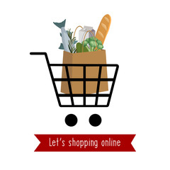 Let's shopping online. Basket icon and paper package of fresh food. Vector illustration.