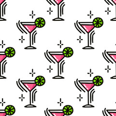 cosmopolitan cocktail seamless doodle pattern, vector illustration