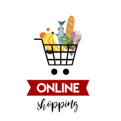 Online shopping. Basket icon and food bananas, fish, avocado, milk, broccoli, bread. Stay home. Vector illustration.  - 333465579