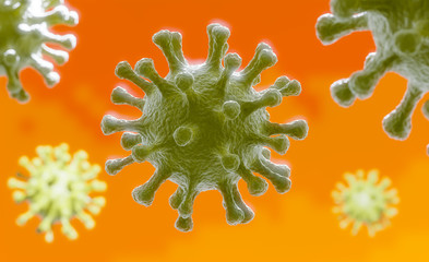 Image of Flu COVID-19 virus cell under the microscope on the blood.Coronavirus Covid-19 outbreak influenza background.Pandemic medical health risk concept with disease cell as a 3D renderer.