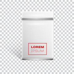 White square tin packaging. Tea, coffee products