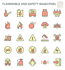 Flammable and safety vector icon set design, 64x64 pixel perfect and editable stroke.