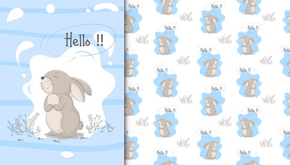 Greeting card of rabbit and baby pattern in the white backdrop