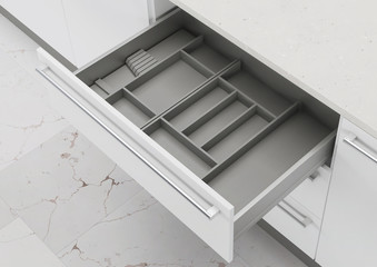 Open kitchen drawer with cooking utensils. Storage and organization of the kitchen. 3d rendering.