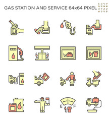 Gas station service  and vehicle vector icon set design, 64x64 pixel perfect and editable stroke.
