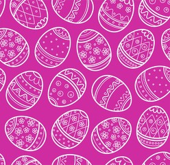 Easter egg, seamless pattern, monochrome, contour, purple. A thin outline drawing on a purple field. Single-color background. Easter vector pattern.  