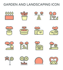 Garden and landscaping icon. Consist of ornamental and decoration object i.e. building, garden furniture, tree, bush, pond, bridge, fountain, pot, pavilion, walkway, flower and butterfly. Vector icon.