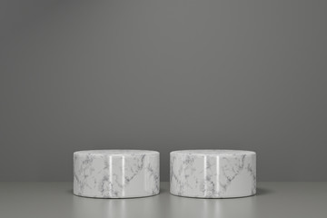 Marble podiums on grey background. Abstract minimal scene with geometrical. Scene to show cosmetic products presentation. Mock up design empty space. Showcase, shopfront, display case,3d render