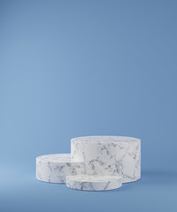 Marble podiums on blue background. Abstract minimal scene with geometrical. Scene to show cosmetic products presentation. Mock up design empty space. Showcase, shopfront, display case,3d render