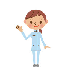 片手を上げて案内をする介護士