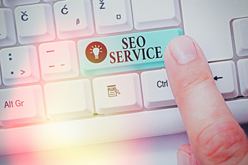 Text sign showing Seo Service. Business photo showcasing techniques and procedures to increase the...