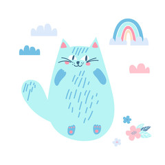 Naklejka na ściany i meble illustration of a blue sly happy cat with a rainbow, flowers and clouds. Happy birthday print for children, children's holiday. for design, cards, congratulations, prints. scandy style. vector