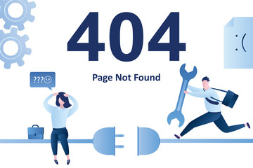 404 error,page not found landing page template. Sad female busnesswoman and running male programmer with wrench.
