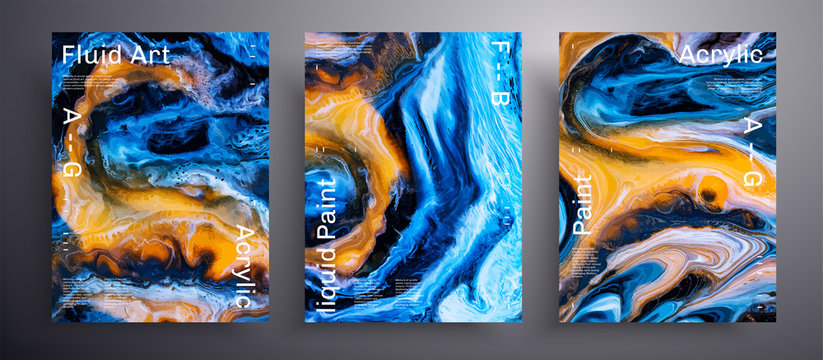 Abstract vector placard, texture set of fluid art covers. Beautiful background that can be used for design cover, invitation, flyer and etc. Orange, blue, black and white creative iridescent artwork
