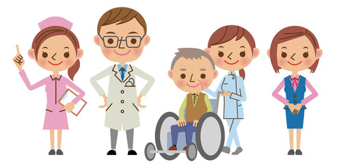 医療スタッフイメージ（医者・看護師・介護士・医療事務・患者）