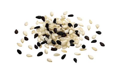 Black and white sesame seeds isolated on white background, macro