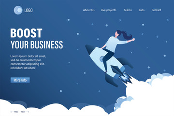 Boost your business landing page template. Spaceship takes off into space. Expansion or optimization,