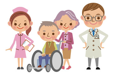 医療スタッフと患者イメージ（医者・看護師・老夫婦）