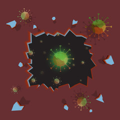 COVID-19 virus destroy lock down wall and spread into country concept.