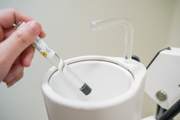 close up Cesium 137(CS-131)Radioactive isotopes used for Iodine uptake machine calibration before iodine uptake diagnosis.