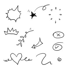 Obraz premium collection of elements, black on white background. Arrow, heart, love, star, leaf, sun, light, flower, daisy, crown, king, queen,Swishes, swoops, emphasis ,swirl, heart, doodle