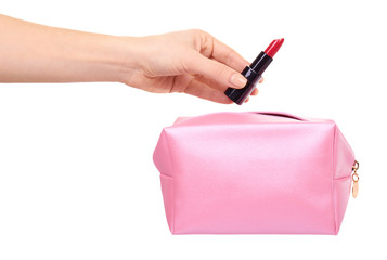 Pink makeup bag. Glamour cosmetic accessory.