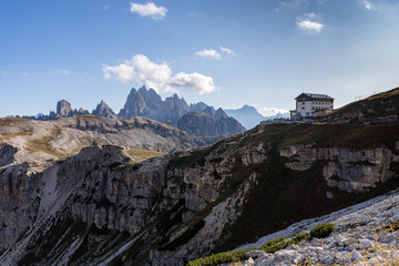 Panoramic view of the Italian Alps taken from the path that leads to the three peaks of Lavaredo. In the background the Auronzo refuge