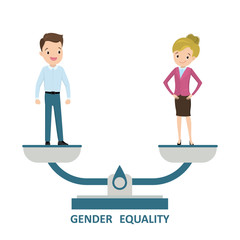 Caucasian male and female characters standing on scales.