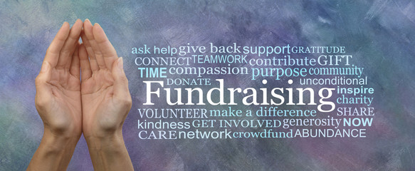 We need your help with our Fundraising Campaign Word Cloud - Female cupped hands beside a FUNDRAISING word cloud on a grey blue oil paint technique background