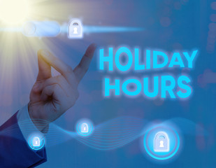 Conceptual hand writing showing Holiday Hours. Concept meaning Overtime work on for employees under...