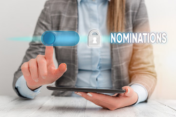 Text sign showing Nominations. Business photo showcasing the act of officially suggesting someone...