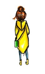 Hand drawn sketch of cartoon character young female standing in cloak Isolated On white