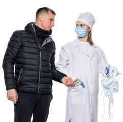 Doctor in gloves and mask selling blue medical masks for 100 dollars to a man over white background