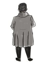 Hand drawn sketch of man in grey coat standing Isolated On white back view