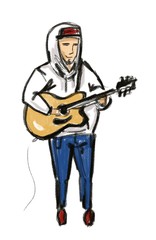 hand drawn young man standing and playing the guitar isolated on white