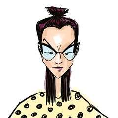 Hand drawn sketch portrait of cartoon character young serious woman in glasses Isolated On white