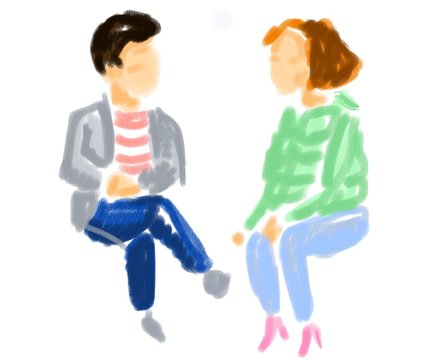 Hand drawn sketch of young couple sitting, flirting and talking Isolated On white