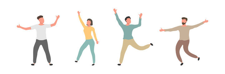 Group of male and female dancers isolated on white background. Happy young men and woman dancing together. Vector cartoon flat people illustration