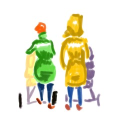 Hand drawn sketch of cartoon characters two young Mothers Walking with their kids Isolated On white back View