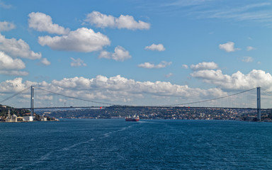 Approaching the Fatih Sultan Mehmet Suspension Bridge crossing the Bosphorus Straits in Istanbul.