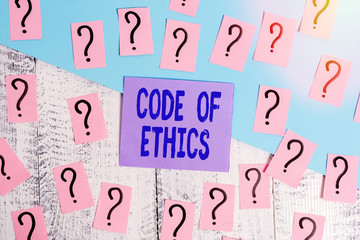 Conceptual hand writing showing Code Of Ethics. Concept meaning basic guide for professional...