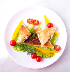 Pita triangles with cottage cheese, herbs, tomatoes on a white plate