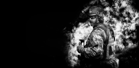 Portrait of a special forces soldier. The concept of military units. Computer games.