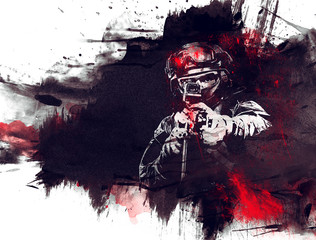 Portrait of a special forces soldier who is aiming at a collimator sight of a machine gun. The concept of special military units. Computer games.